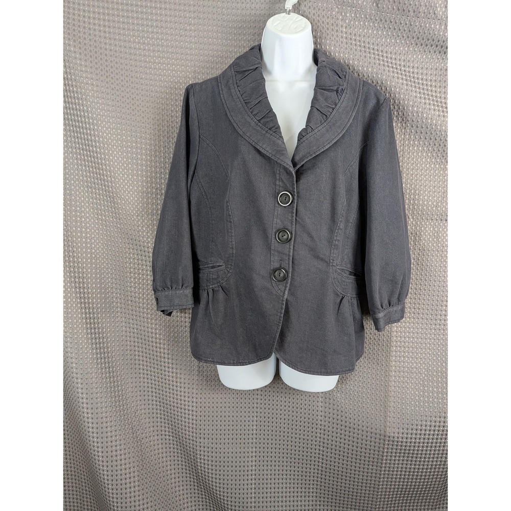 Emma James Blazer Womens 14 Gray Stretch‎ Jacket Ruffle Collar 3/4 Sleeve Career
